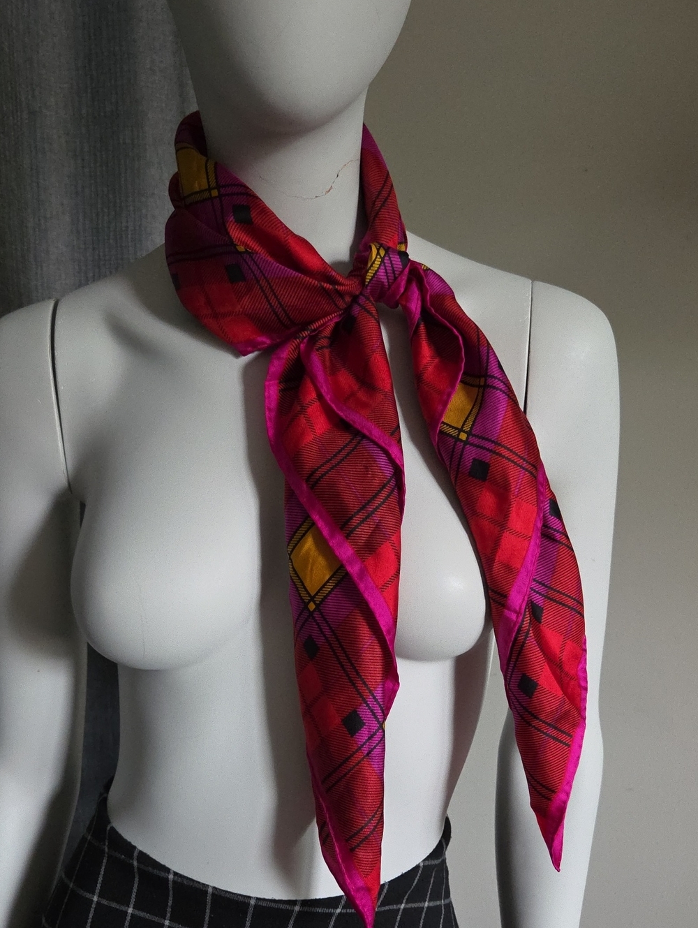 Ann Taylor 100% Silk Red Pink & Yellow Plaid Silk Square Scarf